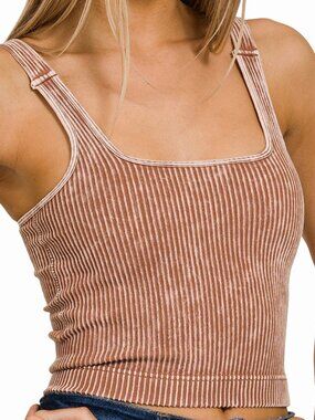 Washed Seamless Square Neck Bra Padded Tank Top in Deep Camel